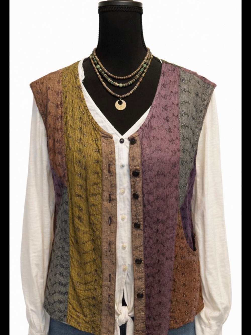 Sacred Threads Rayon Patchwork Button Up Vest Pockets Boho Artsy